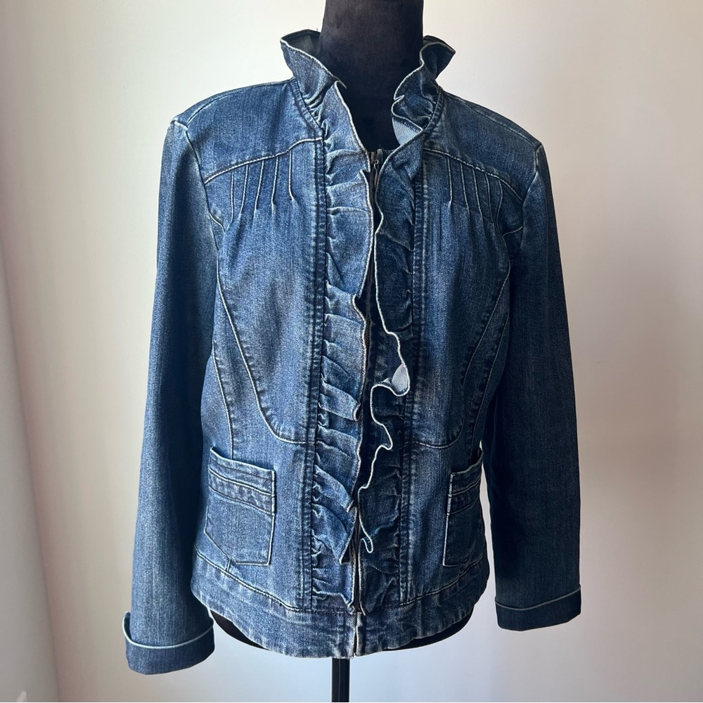 Ruffled Front Denim Jacket - Dark Blue - L - Picture 4 of 8